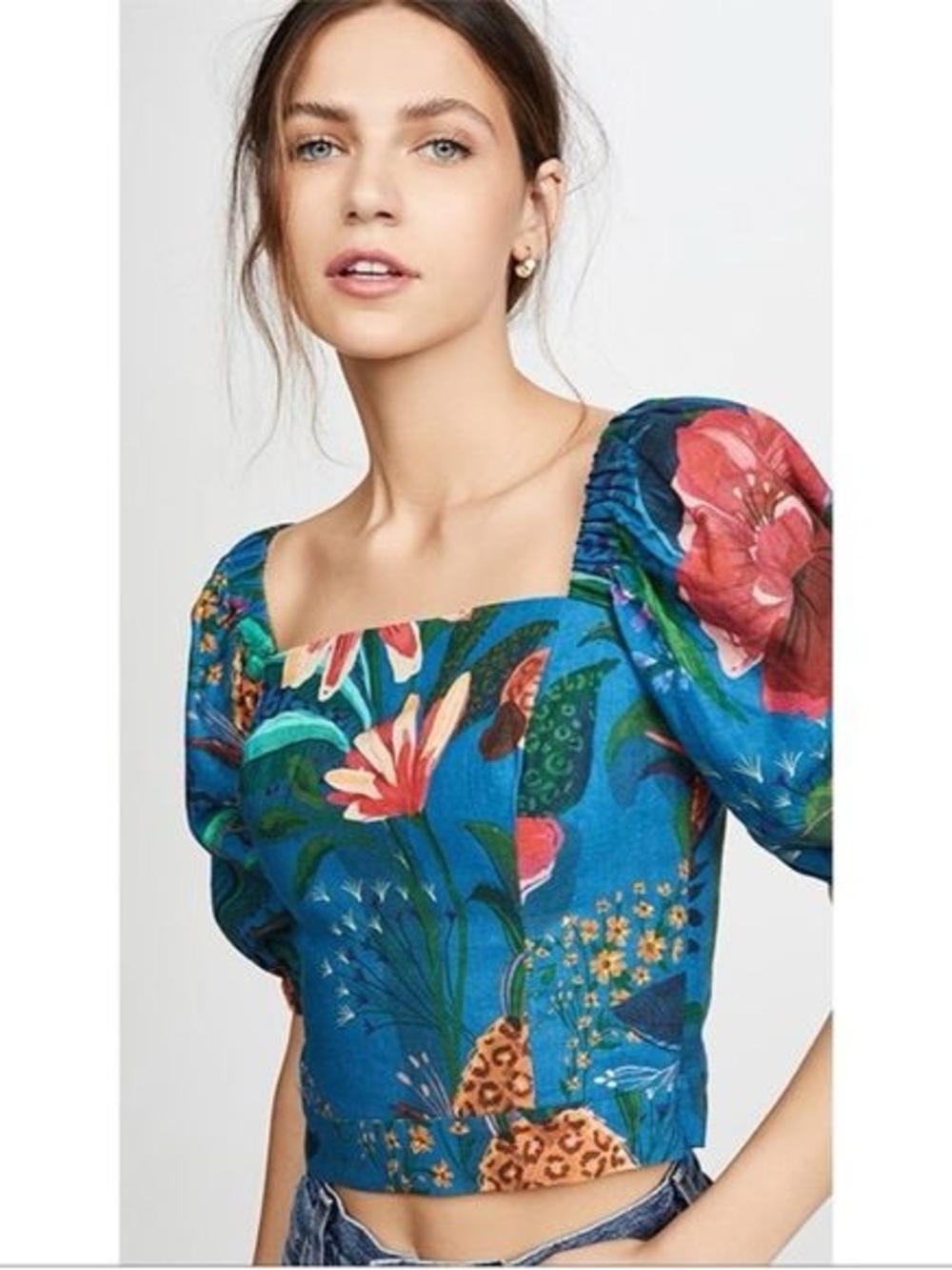 Farm Rio Jungle panther Puff Sleeve Crop Top - Blue